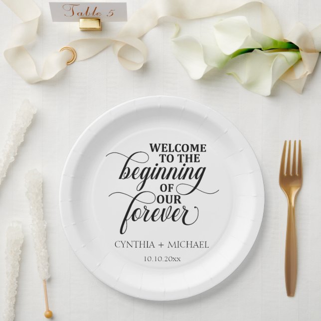 Prato De Papel Casamento "nosso Forever" com Script Elegante (Casamento)