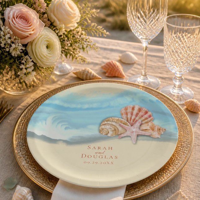 Prato De Papel Casamento Onda do Oceano Azul Romântica & Conchas (Criador carregado)