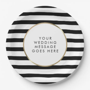 Prato De Papel Casamento Ouro com Listras Preto e Branco