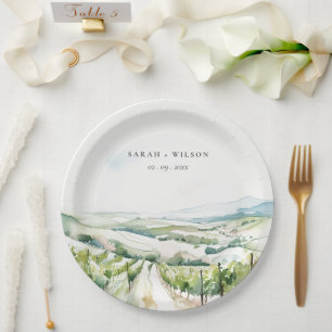Prato De Papel Casamento Paisagem Vinícola Aquarela Pastel Suave