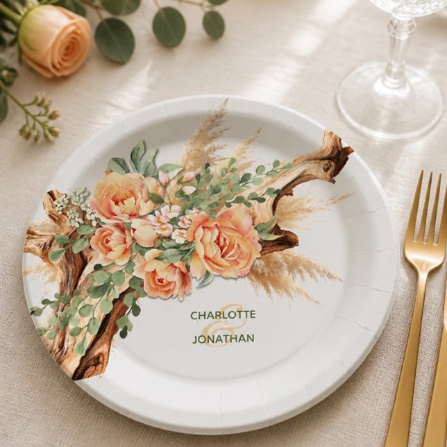 Prato de Papel Casamento Peach Roses & Driftwood (Criador carregado)