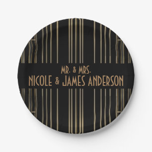 Prato De Papel Casamento Personalizado Black & Gold 20's Art Deco