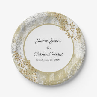 Prato De Papel Casamento Personalizado de Quadro Dourado do Elega