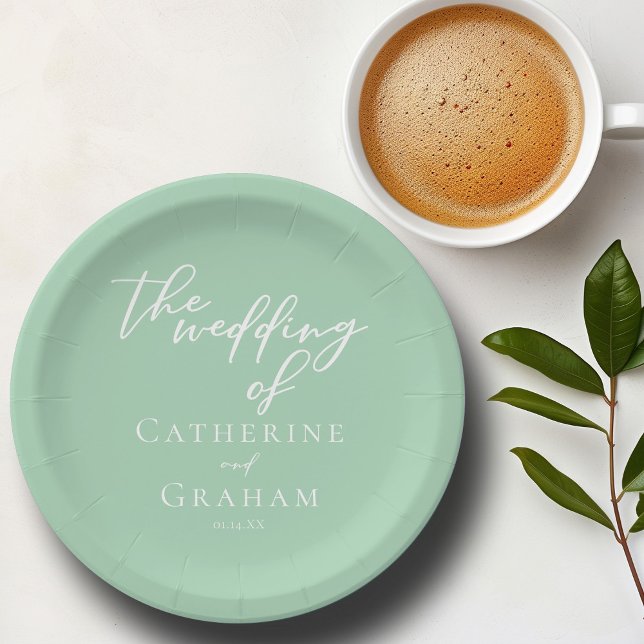 Prato De Papel Casamento Personalizado do Script Branco Verde da  (Criador carregado)