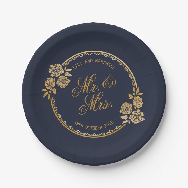 Prato De Papel Casamento Personalizado Dourado Elegante| Placa de (Frente)
