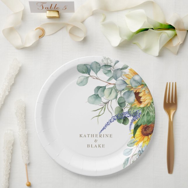 Prato De Papel Casamento Personalizado Floral Amarelo-Amarelo-Aqu (Casamento)
