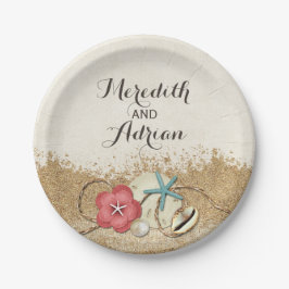 Prato De Papel Casamento Personalizado Hibiscus e Conchas Praia A
