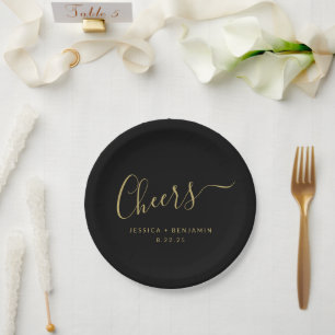 Prato De Papel Casamento Personalizado Minimalista Elegante Preto