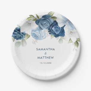 Prato De Papel Casamento Personalizado Moderno Floral Azul Dusty