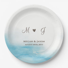 Prato De Papel Casamento Personalizado Rustic Dusty Blue Monogram