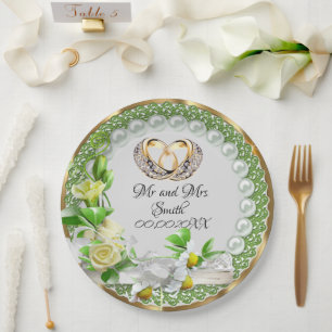 Prato De Papel Casamento Personalizável de Flores de Pérolas Eleg