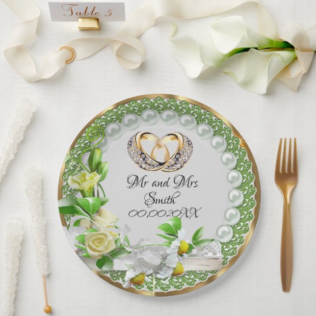 Prato De Papel Casamento Personalizável de Flores de Pérolas Eleg (Casamento)