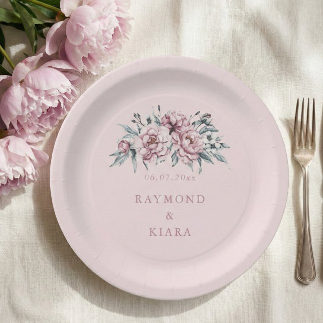 Prato De Papel Casamento Pônico Rosa Suave E Pintado (dusty pink watercolor peony party plate)