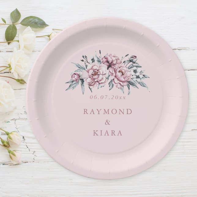 Prato De Papel Casamento Pônico Rosa Suave E Pintado (dusty pink watercolor peony party plate)