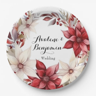 Prato De Papel Casamento por Aquarela de Poinsettia Vermelha e Br