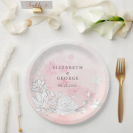 Prato De Papel Casamento por Monograma Floral Moderno Blush