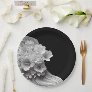 Prato De Papel Casamento Preto e Branco das Florais Modernas