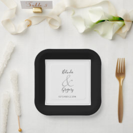 Prato De Papel Casamento preto e branco do monograma elegante