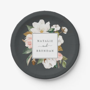 Prato De Papel Casamento preto e branco elegante da magnólia  