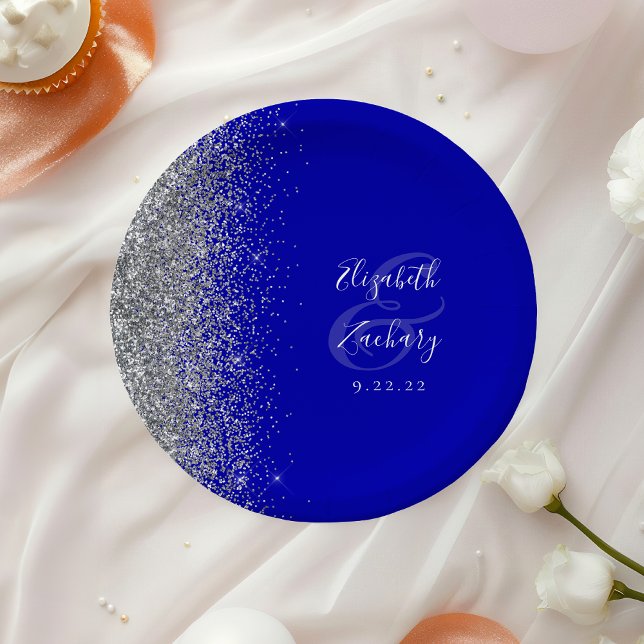 Prato De Papel Casamento Real Azul com Glitter Moderno Silver (Criador carregado)
