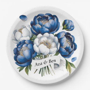 Prato De Papel Casamento Real Azul e Silver Glittery Peony