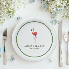 Prato De Papel Casamento Retrô de Praia Flamingo Trópicos
