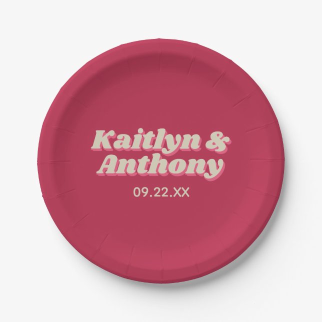 Prato De Papel Casamento Retro Groovy Viva Magenta, de 70 anos (Frente)