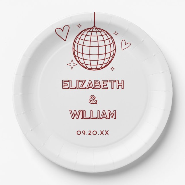 Prato De Papel Casamento Retro Vermelho Disco Groovy Anos 70 (Frente)