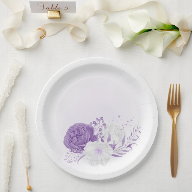 Prato De Papel casamento romântico branco e roxo (Casamento)