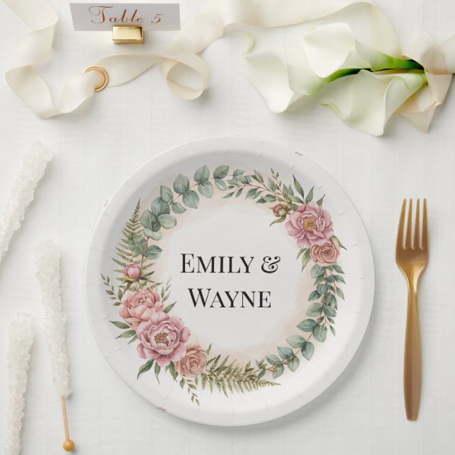 Prato De Papel Casamento Romântico com Flores Rosa e Vegetação (Casamento)