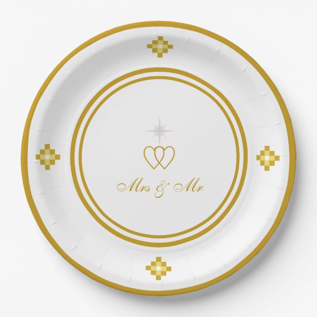 Prato De Papel Casamento Romântico Dourado e Branco (Frente)