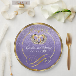 Prato De Papel Casamento Roxo Dourado Elegante Personalizado