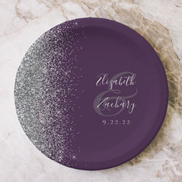 Prato De Papel Casamento Roxo Escuro com Brilho Prateado Moderno