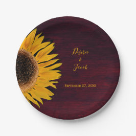 Prato De Papel Casamento Rustic Burgundy Wood Amarelo Sunflower