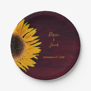 Prato De Papel Casamento Rustic Burgundy Wood Amarelo Sunflower
