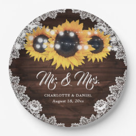 Prato De Papel Casamento Rustic Chic Wood Lace Sunflower