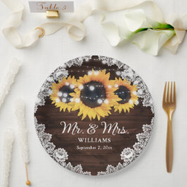 Prato De Papel Casamento Rustic Chic Wood Lace Sunflower