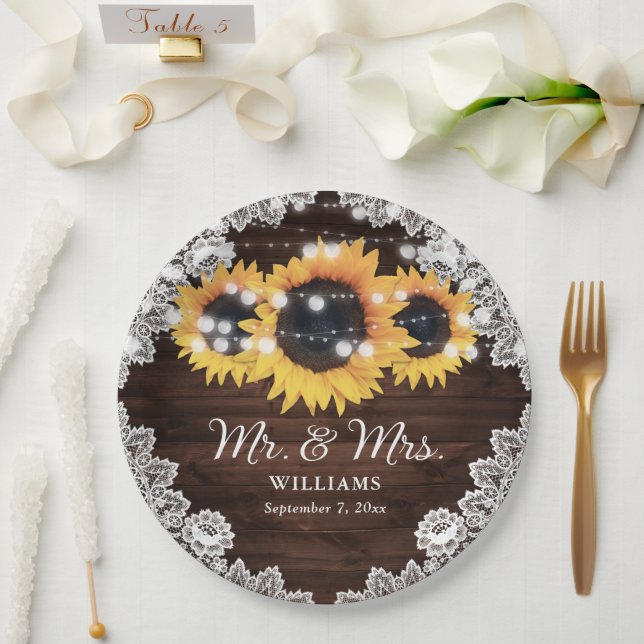 Prato De Papel Casamento Rustic Chic Wood Lace Sunflower (Casamento)
