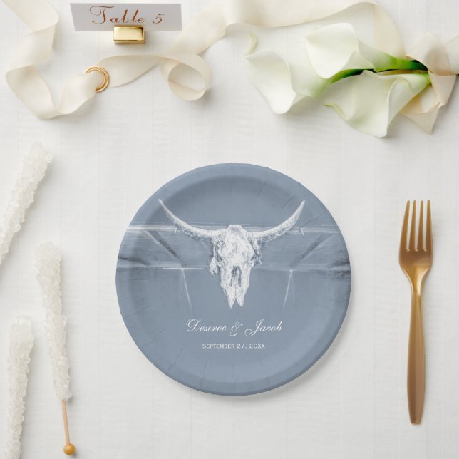 Prato De Papel Casamento Rustic Dusty Blue Cow West Skull (Casamento)