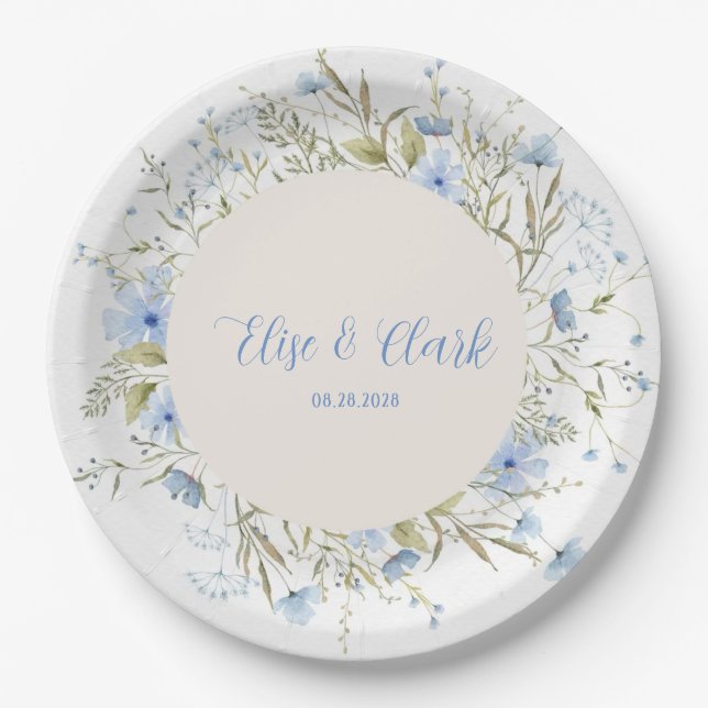 Prato De Papel Casamento Rustic Dusty Blue Delicate Wildflower (Frente)
