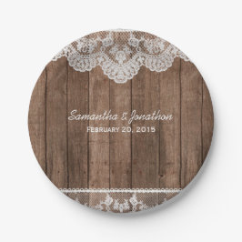 Prato De Papel Casamento Rustic White Lace e Wood