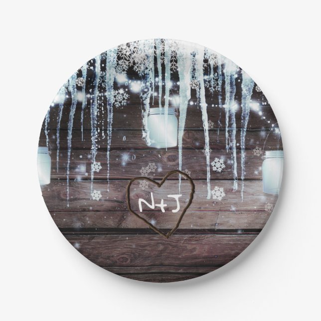 Prato De Papel Casamento Rustic Wood Barrel & Lights Winter Barn (Frente)