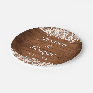 Prato De Papel Casamento Rustic Wood & White Lace
