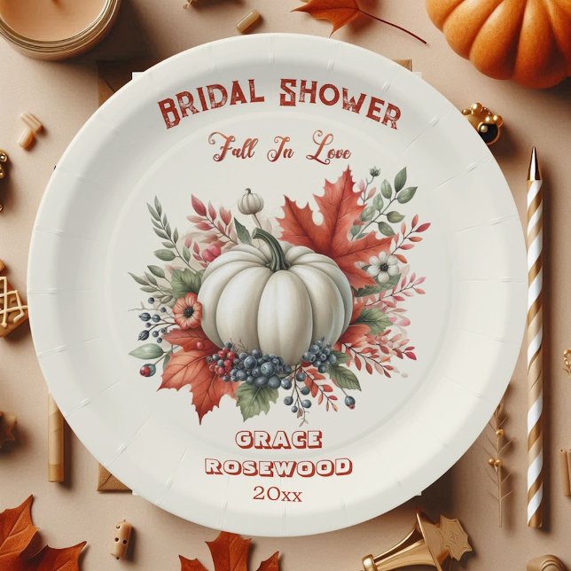 Prato De Papel Casamento Rústico de Outono com Abóbora Country (Fall In Love Pumpkin Country Rustic Bridal Shower Paper Plates)
