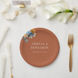 Prato De Papel Casamento Rústico Terracota Laranja Azul Marinho