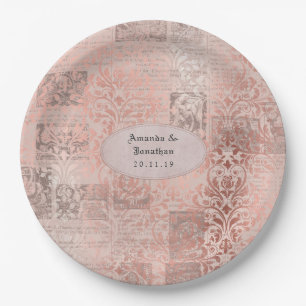 Prato De Papel Casamento Shabby-Chic Dourado Rosa Damask