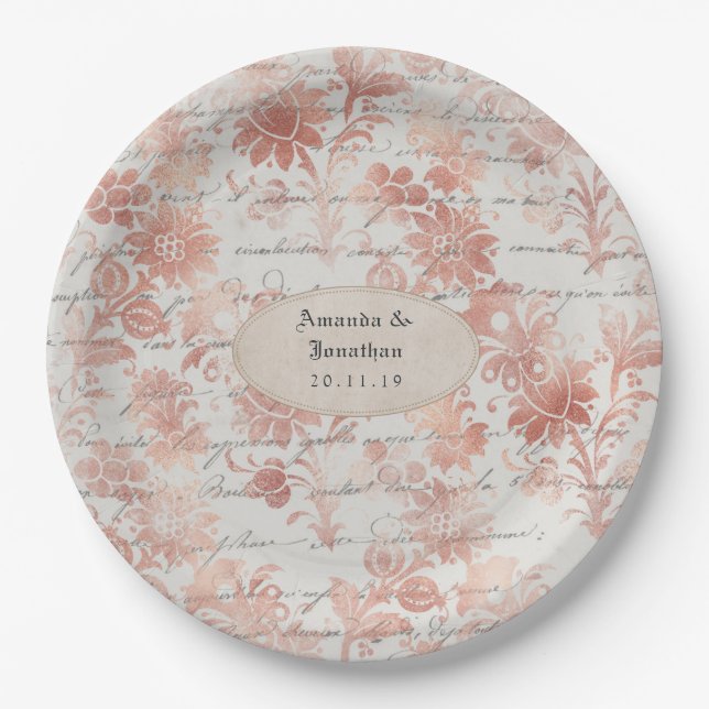 Prato De Papel Casamento Shabby-Chic em Rose Gold (Frente)