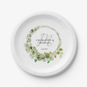 Prato De Papel Casamento simples, elegante, monograma de eucalipt
