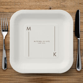 Prato De Papel Casamento Simples por Monograma de Beige Brown