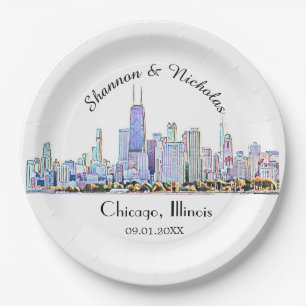 Prato De Papel Casamento Skyline Personalizado em Chicago